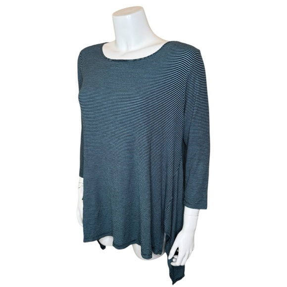 Comfy USA Striped Top Tunic L Sharkbite Hem 3/4 Sleeve Blue Black - Picture 2 of 9